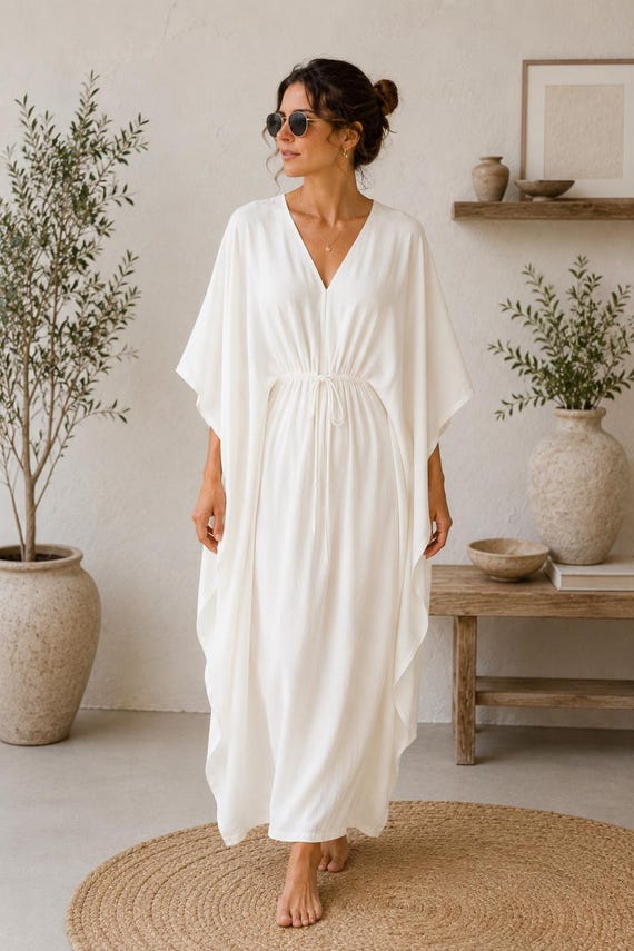 white kaftan beach dress Cotton | Maxi Caftan for Women | Boho Cover up | Minimalist Cotton Long Dress | V-neck Resort Wear | Modest Tunic Junior Dresses Navy Blue Royal Blue Beden:44 it’s a perfect addition