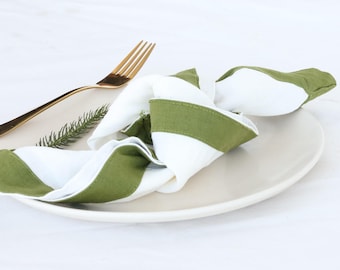 Tovaglioli di lino naturale, tovaglioli di lino lavato verde muschio e bianco, tovaglioli da tavola, tovaglioli di lino con angoli a mitra, tovaglioli di stoffa di lino