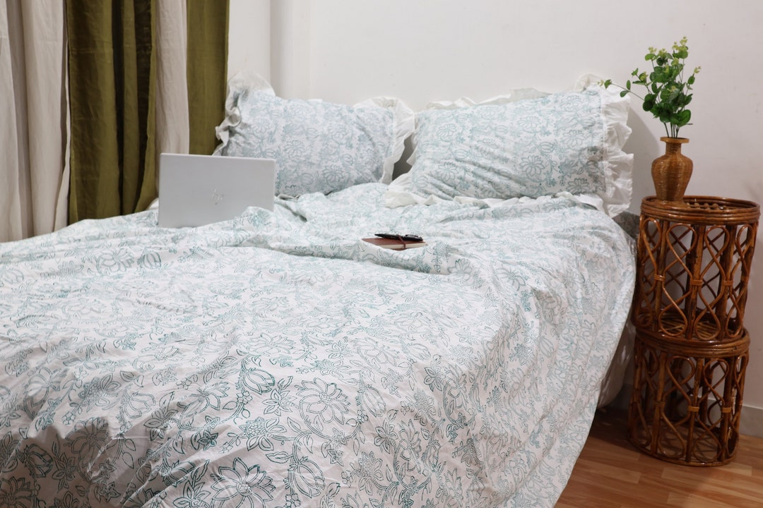 Fresh Blue Floral 100 Cotton Quilt Cover Set Princess Ruffle Quilt