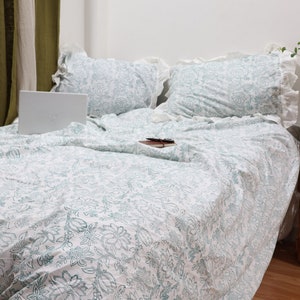Fresh Blue Floral 100% Cotton Quilt Cover Set- Princess Ruffle Quilt Cover Set-Cottagecore Decor- Twin Full Queen King Quilt Cover Set duvet