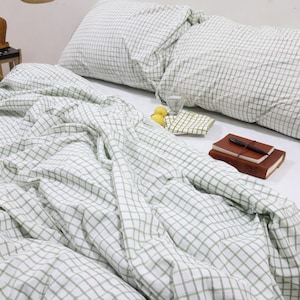 Sage Green Linen Gingham Bedding Plaid Duvet Cover King Queen Full Check Duvet Covers Duvet Cover Full Queen Check Beddingg Comforter cover