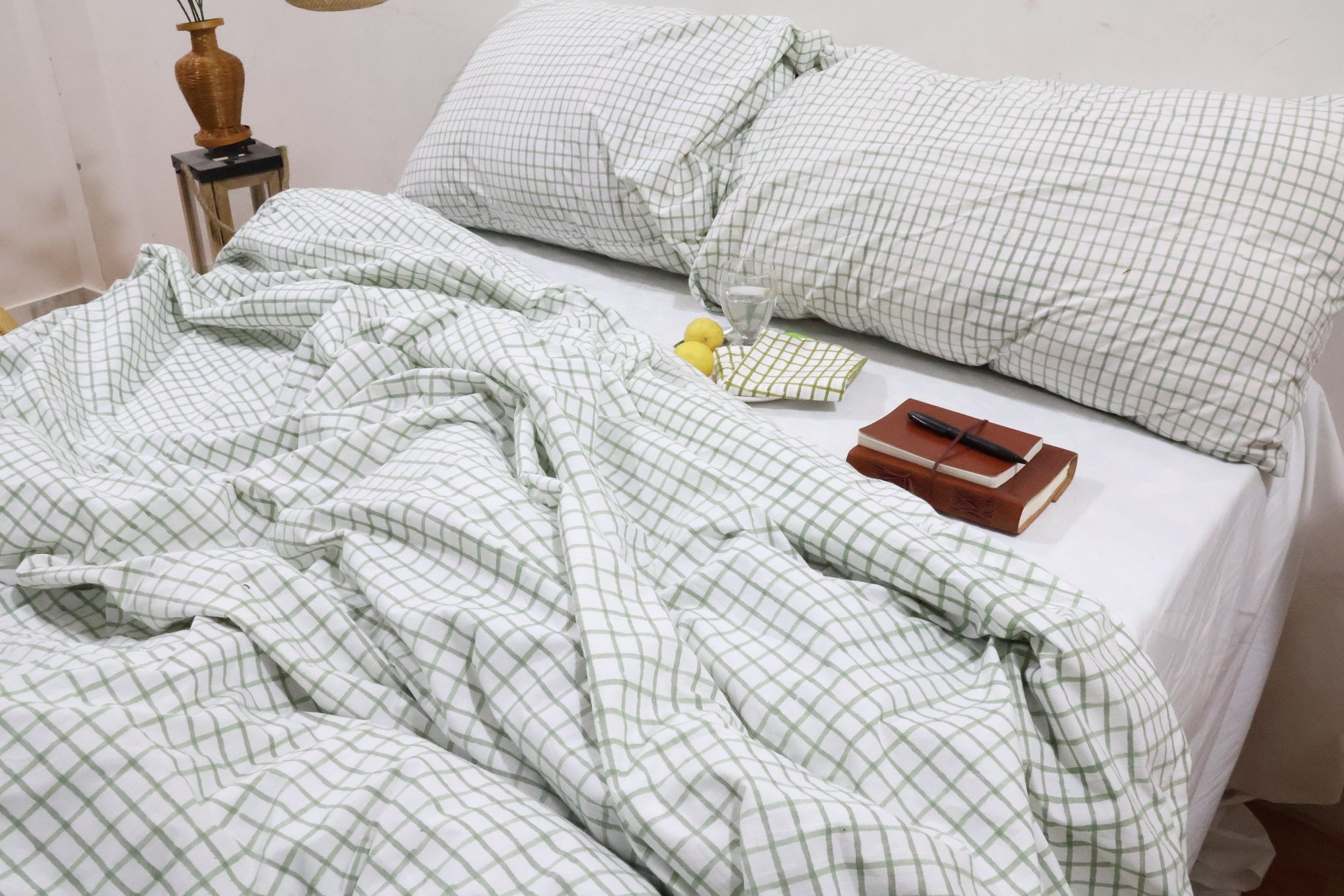Sage Green Linen Gingham Bedding Plaid Duvet Cover King Queen Full ...