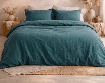 100% Natural Organic Linen Duvet Cover Set, 1 Duvet Cover and 2 Pillowcases, Available in Multiple Colors, Teal Blue Linen Duvet Cover Set
