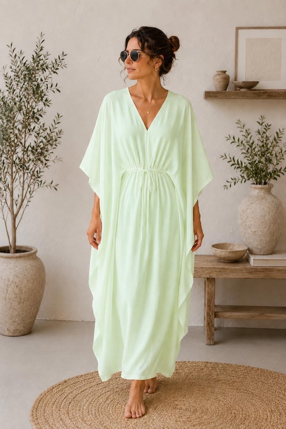 caftan beach dress Light Sage Green Cotton Kaftan Maxi for Women Boho Cover up Minimalist Cotton Long Dress V-neck Resort Wear Modest Tunic making it the perfect Grade_C Amish Style Dresses - Color:M-Burgundy short beach kaftan