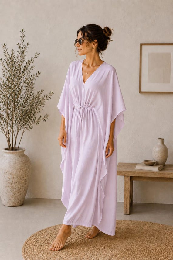 caftan dress cotton Lavender Kaftan Maxi for Women Boho Beach Cover up Minimalist Cotton Long Dress V-neck Resort Wear Modest Tunic Frequently Asked Questions Is this kaftan genuinely hand Cotton Caftan Dress - Luxurious