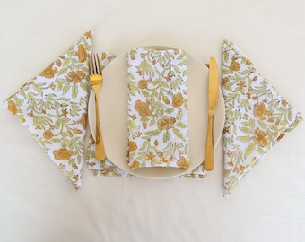 100 Pcs Yelllow Green Hand Block Printed Napkin  Cotton Napkins Eco/Earth Friendly Reusable Napkins Reusable Table Cloth Wholesale Napkins