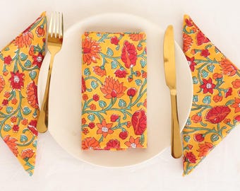 100 Pcs yellow Red Printed Napkin 100% Cotton Napkins Hand Block Wedding Napkin Eco/Earth Friendly Reusable Napkins Table Cloth Boho Napkins