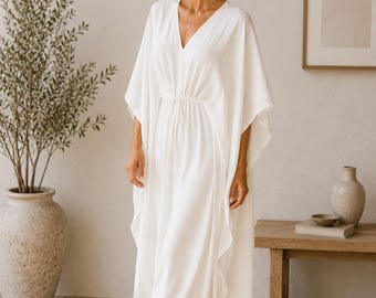 White Color Cotton Kaftan Dress Maxi Caftan for Women Boho Beach Cover Up | Minimalist Cotton Long Dress | V-Neck Resort Wear | Modest Tunic