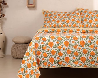 Kołdra z nadrukiem ręcznym, pomarańczowa narzuta z indyjskiej bawełny z kwiatowym wzorem, pościel w stylu boho kantha, kołdra w stylu Jaipur, lekka kołdra letnia