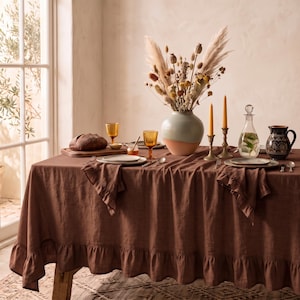 European  Ruffled Linen Tablecloth, Washed Linen Table Cover with Frilled Edge, Shabby Chic Farmhouse Dining Decor, Custom Size Tablecloth