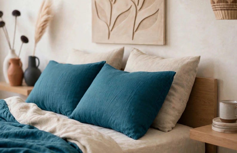 Teal Blue Linen Duvet Cover, Deep Teal Bedding Set, Natural Ivory ...