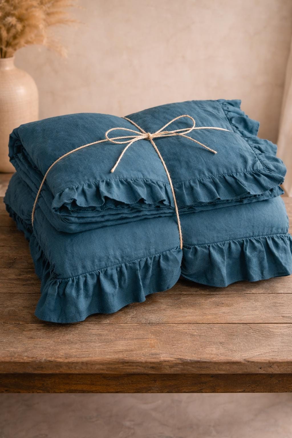 Teal Blue Color Ruffled 100% Linen Duvet Cover Set With Ruffles ...