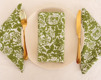 100 Pcs Moss Green Floral Hand Block Printed Napkins Dining Table Napkins Cotton Cloth Wedding Napkins, Reusable Eco Friendly Party Napkins