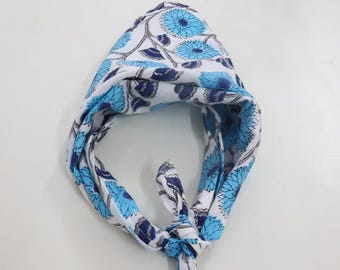 Hand Block Print Cotton Bandana Scarf - 21x21 Inch Lightweight Square, Tribal Geometric Pattern In Blue & Brown