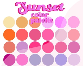 May include: A color palette of 25 circles in shades of orange, pink, and purple. The circles are arranged in a grid of five rows and five columns. The text "Sunset color palette" is at the top of the image. The text "@churrocrush" is at the bottom of the image.