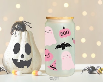Pink Ghost Glass Can | Cute Halloween Glass Can | Pink Pumpkin Halloween Cup | Cute Spooky Ice Coffee Cup