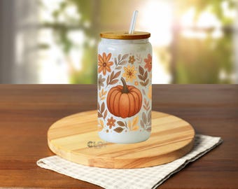 Fall Glass Can, Pumpkin Glass Cup, 16oz Fall Ice Coffee Cup, Fall Vibes, Autumn Glass Can, Gift for Thanksgiving