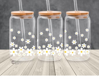 Daisy Flower Glass Can | Floral Cup | Daises Glass Cup | Gift For Her