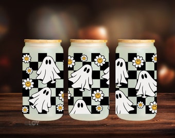 Checkered Ghost Halloween Glass Can | Ghost Halloween Glass Can | Halloween Glass Cup | Retro Ghost Cup | Halloween Ice Coffee Cup