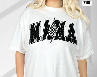 Retro Mama Shirt, Checkered Lightning Bolt Mama Shirt, Comfort Colors® Mama T-Shirt, Trendy Mom Shirt, Mama Graphic Tee, Gift For Mom