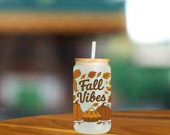 Fall Vibes Glass Cup, Pumpkin Glass Can, Cozy Season Ice Coffee Cup, Fall Autumn 16oz Cup