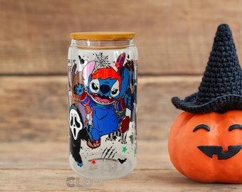 Stitch Halloween Glass Can | Halloween Stitch 16oz Cup | Double-sided Stitch Glass Cup | Halloween Ice Coffee Cup | Gift For Halloween