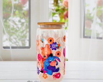 Winnie the Pooh Glass Can | Winnie and Friends Glass Cup | Winnie the Pooh Flower Cup  |16oz Ice Coffee Cup