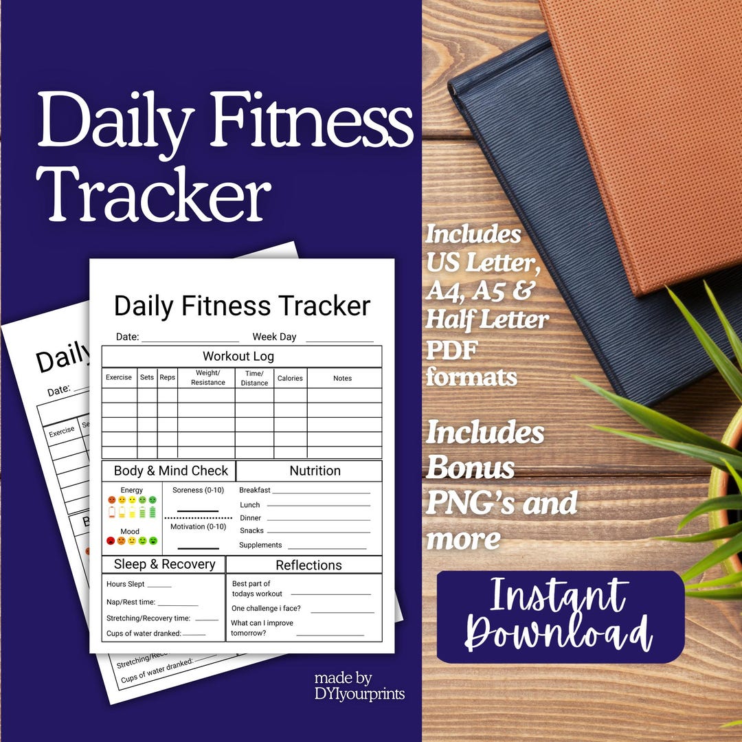 Daily Fitness Tracker Journal | Printable Workout Log, Nutrition & Wellness Planner - Etsy