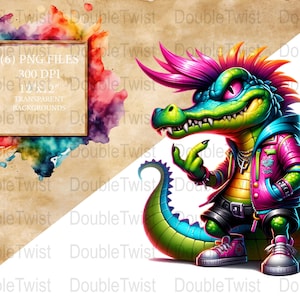 ネオンパンクなワニのクリップアート、カラフルな爬虫類アート（PNGデジタルダウンロード）