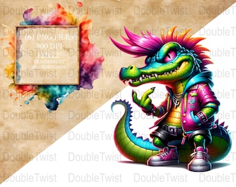 Neon punk alligator clipart, kleurrijke reptielen kunst (digitale png-download)