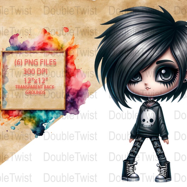 Emo Dolls Clipart PNG, Digital Download, Cute Emo Kids Graphics, Dark Fashion Illustrations, Teen Characters, Street Style Cartoon Images
