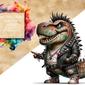 Clipart punk rock dinosaurussen, afdrukbare T-Rex met hanenkam, Dino Band PNG, downloadbare digitale kunst, dinosaurus tattoo stijl, decor kinderkamer