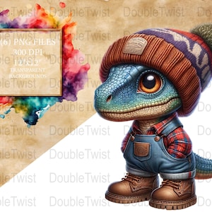 Carino dinosauro di campagna PNG, dinosauro dei cartoni animati con cappello, download digitale, design per magliette per bambini, scrapbooking, sfondo trasparente, 300 DPI