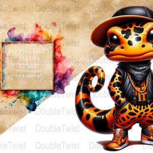 Clipart di salamandra di fuoco da strada, PNG di salamandra in stile urbano, grafica di lucertole fantastiche, arte di animali alla moda, design di rettile skater