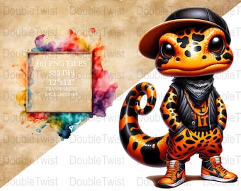 May include: A digital illustration features a cartoon gecko in orange and black streetwear, wearing a black cap and jacket. The gecko has a gold chain and orange sneakers. A watercolor splash with text that reads "(6) PNG FILES 12"x12" TRANSPARENT BACKGROUNDS" is on the left.