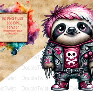 Imágenes prediseñadas de perezoso punk rock, imágenes prediseñadas de perezoso lindo, gráficos de perezoso de rock and roll, arte digital de animales punk, ilustraciones geniales de perezosos, imprimibles