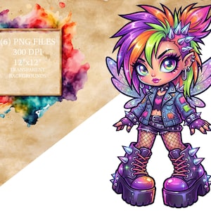 Puede incluir: Ilustración digital de un hada punk con cabello arcoíris, chaqueta vaquera y botas de plataforma. La imagen incluye texto: (6) PNG FILES, 300 DPI, 12"x12", TRANSPARENT BACKGROUNDS.