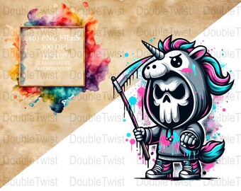 Grim Reapers Wearing Unicorn Costumes PNG, Cute Death Unicorn Clipart, Fantasy Skull Rainbow Art