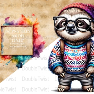 Hipster Sloth Clipart PNGs, Cool Sloth Digital Images, Printable Sloth Illustrations, Indie Animal Graphics
