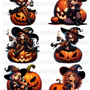 Witch Clipart Bundle, Halloween PNG Sublimation, Cute Witch on Pumpkin, Spooky Girl, Digital Sticker Planner, Scrapbook, Decal