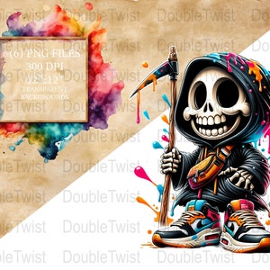 Streetwear Sensenmann Clipart, Urban Style Skelett PNG, Farbspritzer Schädel Digital Download, Coole Sensenmann Kunst für T-shirts und Hoodies