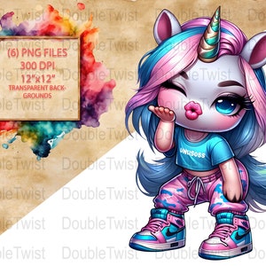 Puede incluir: Un unicornio de dibujos animados con pelo azul y rosa que lleva un top corto azul con la palabra "UNUSOBS" en él, pantalones de camuflaje rosa y azul y zapatillas de deporte rosa y azules. El unicornio está dando un beso.