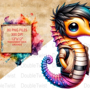 Emo Seahorse Clipart, Cute Seahorse Illustration, Digital Download, Unique Art for Scrapbooking, Creative Design Projects, Printables