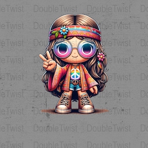 Hippie Girl Clipart, Peace Sign Digital Download, Boho Cartoon Character, Retro Clip Art