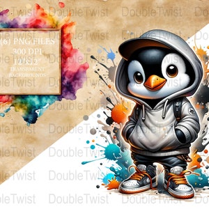 ストリートウェア ペンギン クリップアート、グラフィティ スタイル デジタル PNG、都会の動物グラフィック、ヒップホップ ペンギン アート、カラフルなスプラッシュ背景 PNG