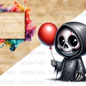 Verspielte Sensenmann Clipart, niedliche Tod Figuren PNG, digitaler Download, Cartoon Sensenmänner mit Ballon, Drachen, Fußball, lustige Bilder