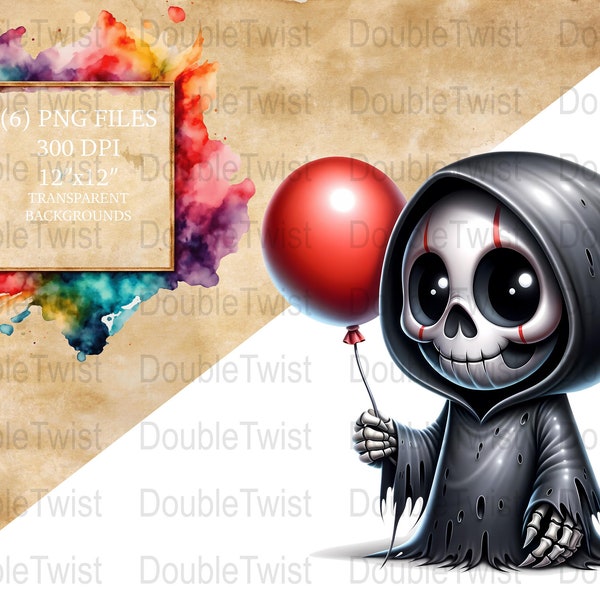 Playful Grim Reapers Clipart, Cute Death Figures PNG, Digital Download, Cartoon Reapers with Balloon, Kite, Soccer, Fun Afterlife Images