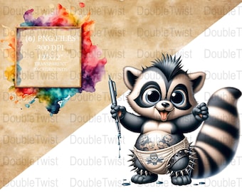 Baby Punk Rock Waschbär PNG Clipart, niedliche Tiergrafiken, Tattoo Style Waschbär, digitaler Download, Kinder Rocker Thema, DIY-Projekte, Edgy