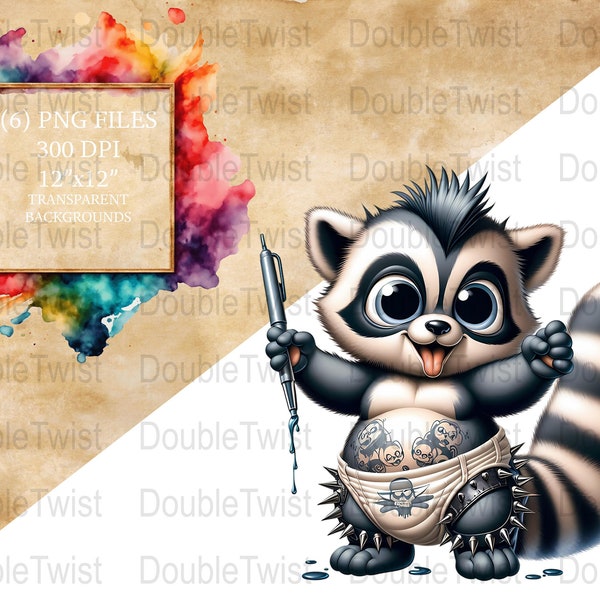 Baby Punk Rock Raccoon PNG Clipart, Cute Animal Graphics, Tattoo Style Raccoon, Digital Download, Kids Rocker Theme, DIY Projects, Edgy