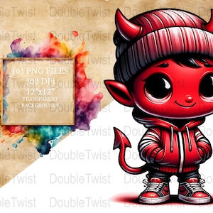Uliczny Mały Czerwony Diabeł Clipart, Modny Diabelski Postać PNG, Miejski Styl Demon Grafika, Pobieranie Cyfrowe, Artystyczny Projekt Kreskówkowy